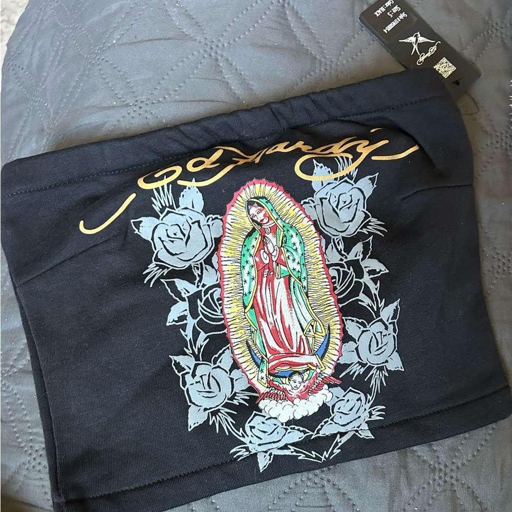 Ed Hardy Black Graphic Virgin Mary Crop Top with Multicolor Print